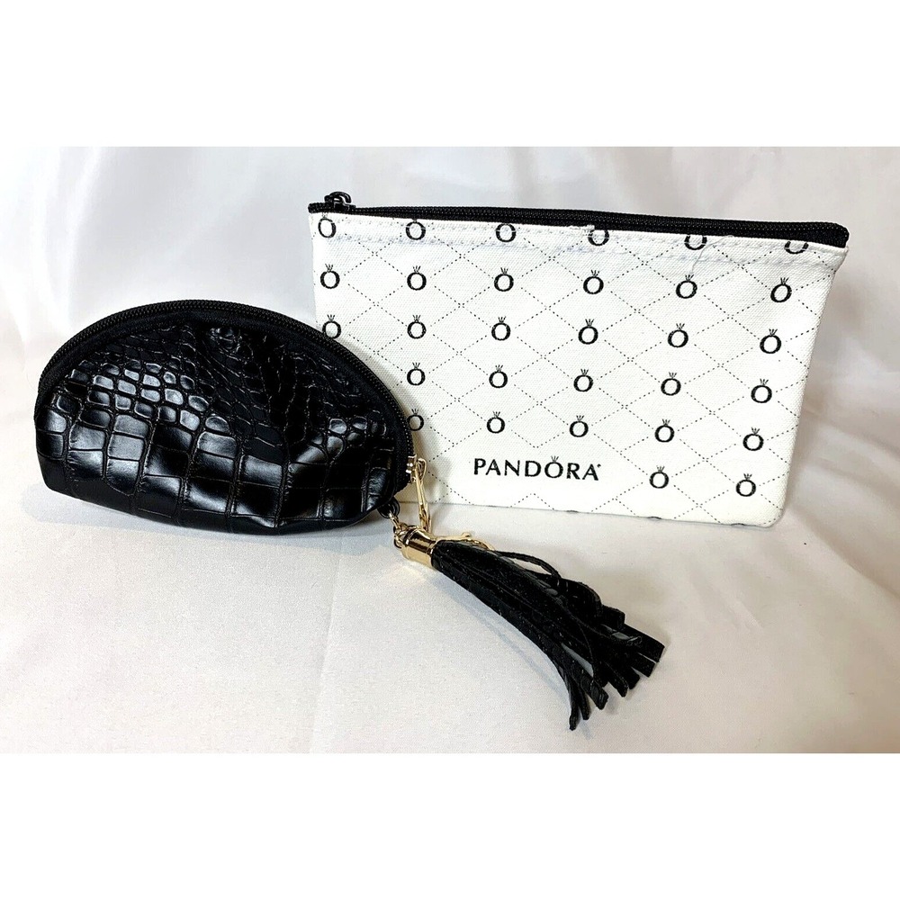 Pandora Cosmetic Case Makeup Bag Zip Pouch + Faux Croc Pouch Tassel Mini Bag Set